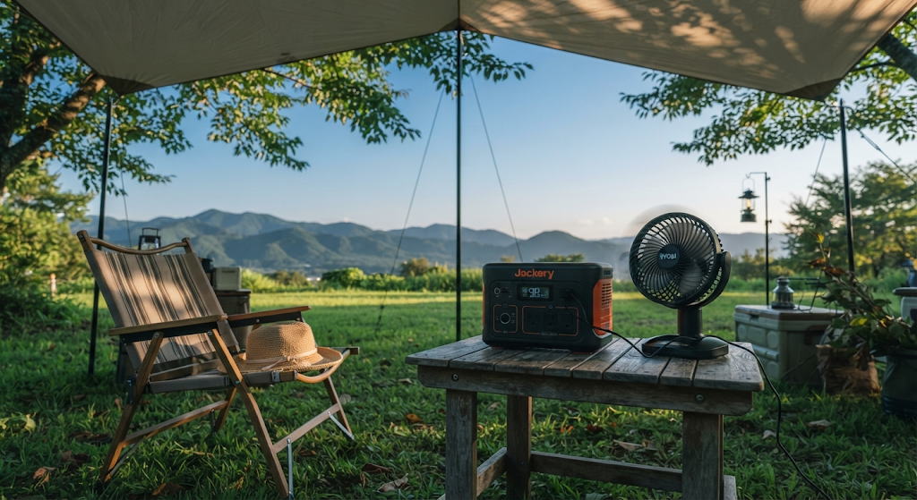 夏キャンプのタープ下に置かれたポータブル電源と扇風機の情景