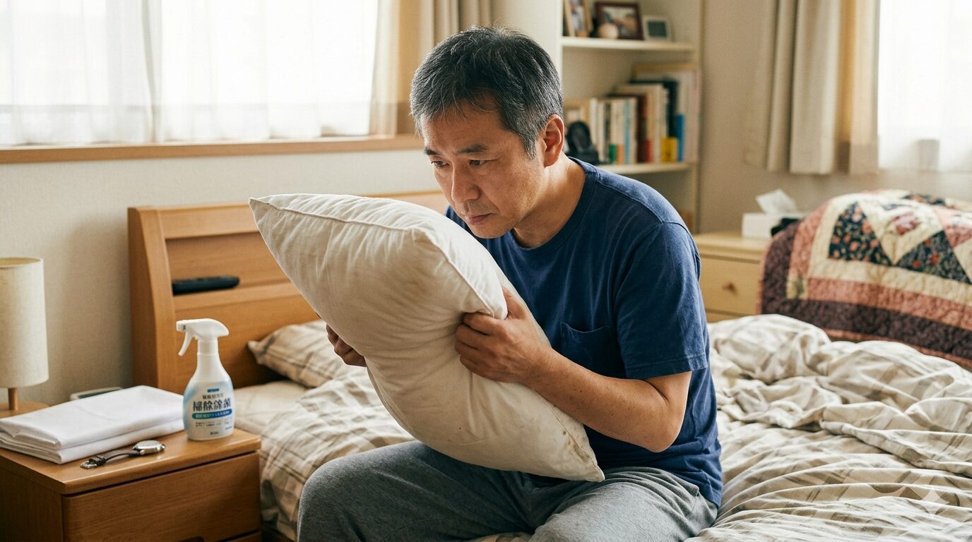 枕のニオイに気づき不安そうに首筋に手を当てる40代男性