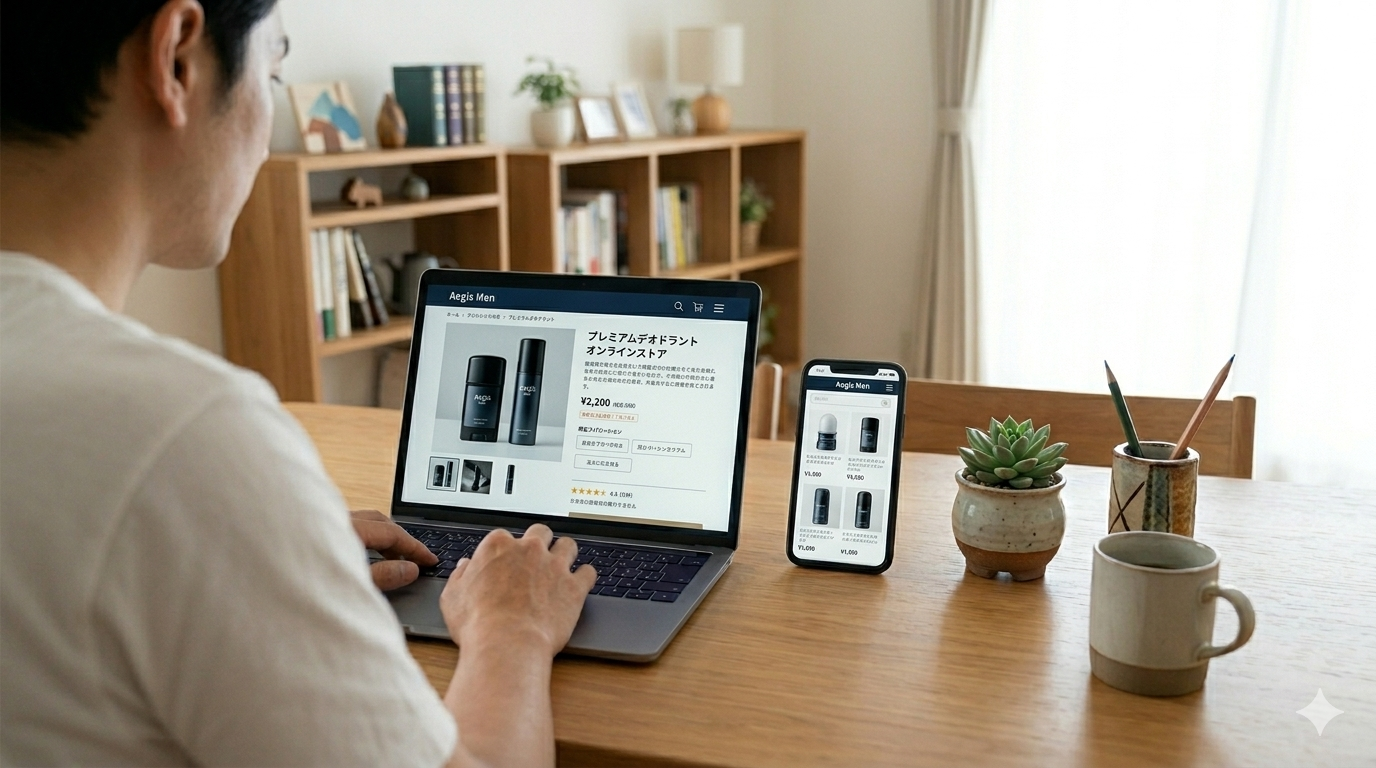 通販サイトを比較して最安値を調べる男性の手元