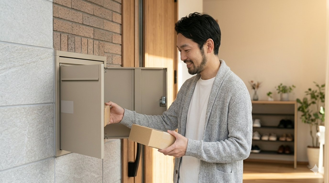 定期便で届いたデオドラントを受け取る笑顔の男性