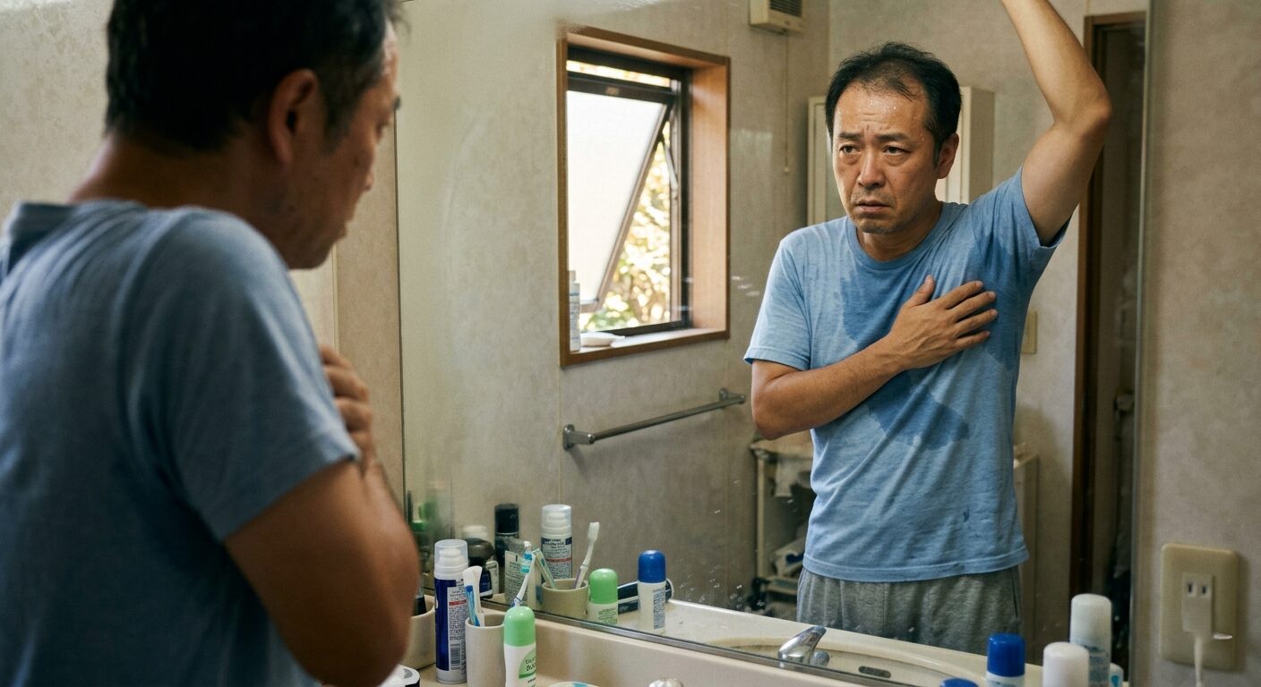 夏にワキガ臭が悪化することに悩む40代男性が鏡を見て確認する様子