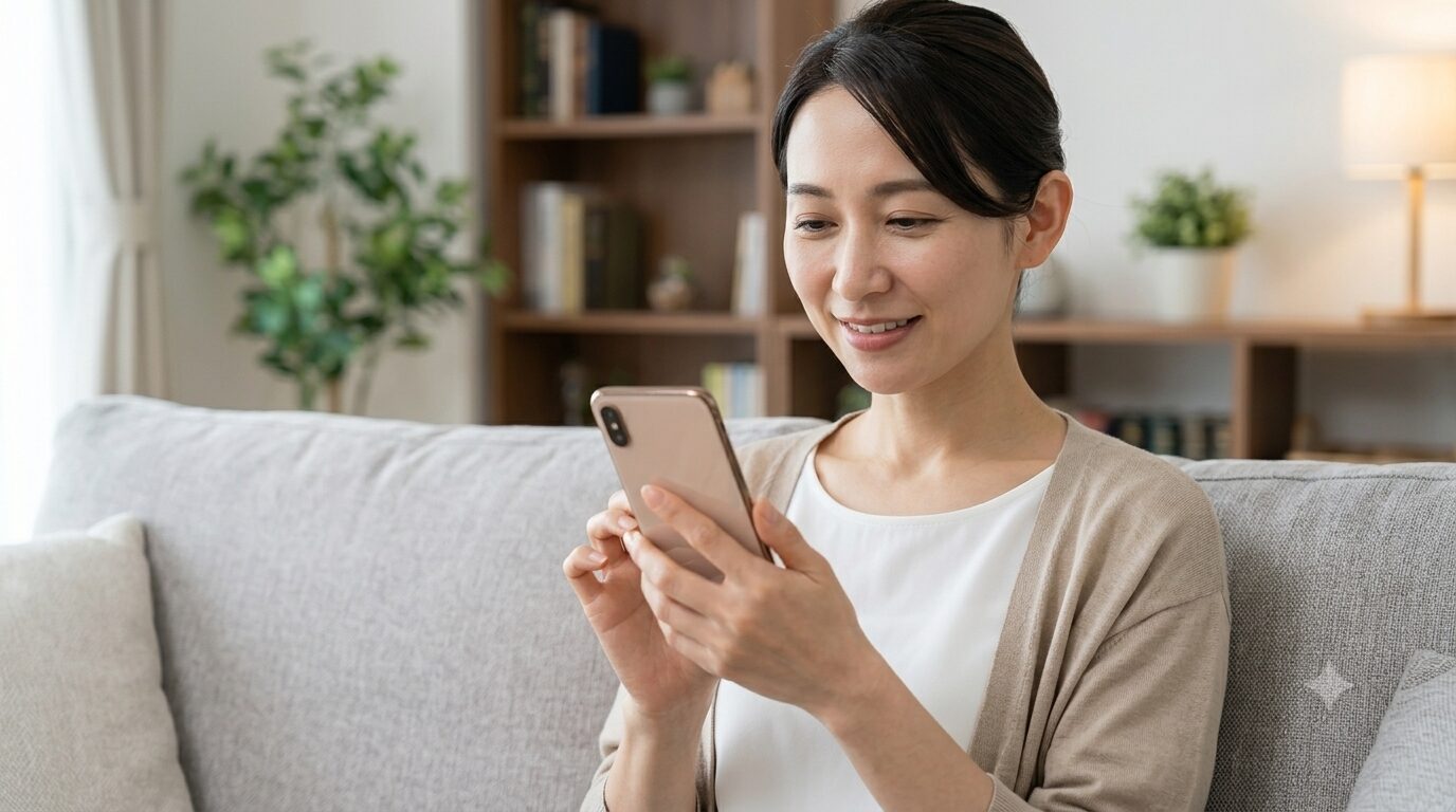 スマホのカレンダーで次回発送日を確認しリマインダー設定する女性