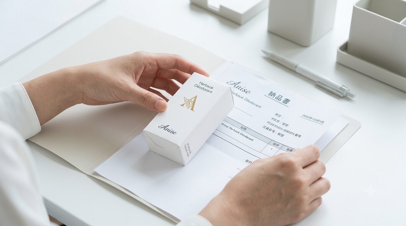 返金保証に備え納品書と容器を大切に保管する手元