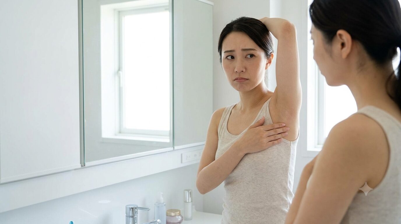 鏡前で脇のニオイを気にする30代女性の不安な表情