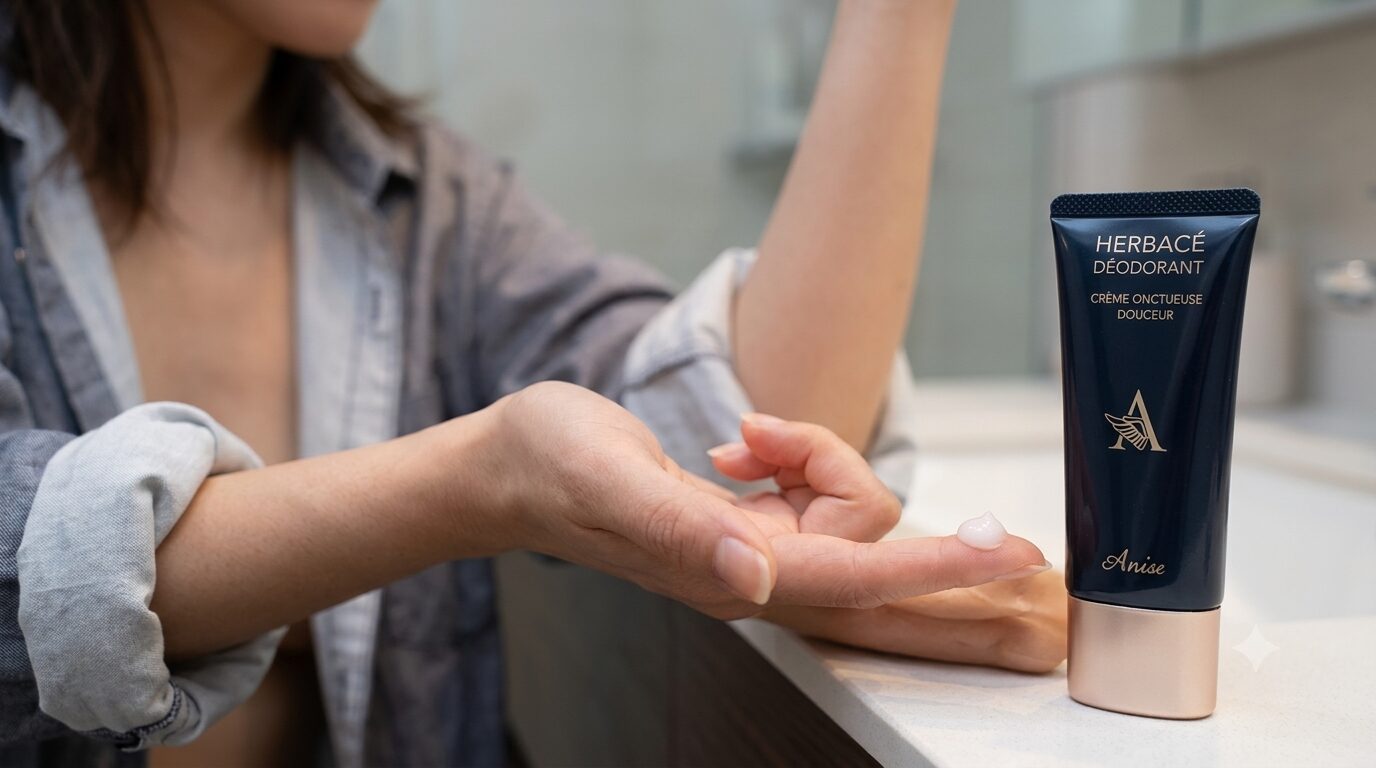 洗面所でクリームを指先に取り塗布前を確認する女性