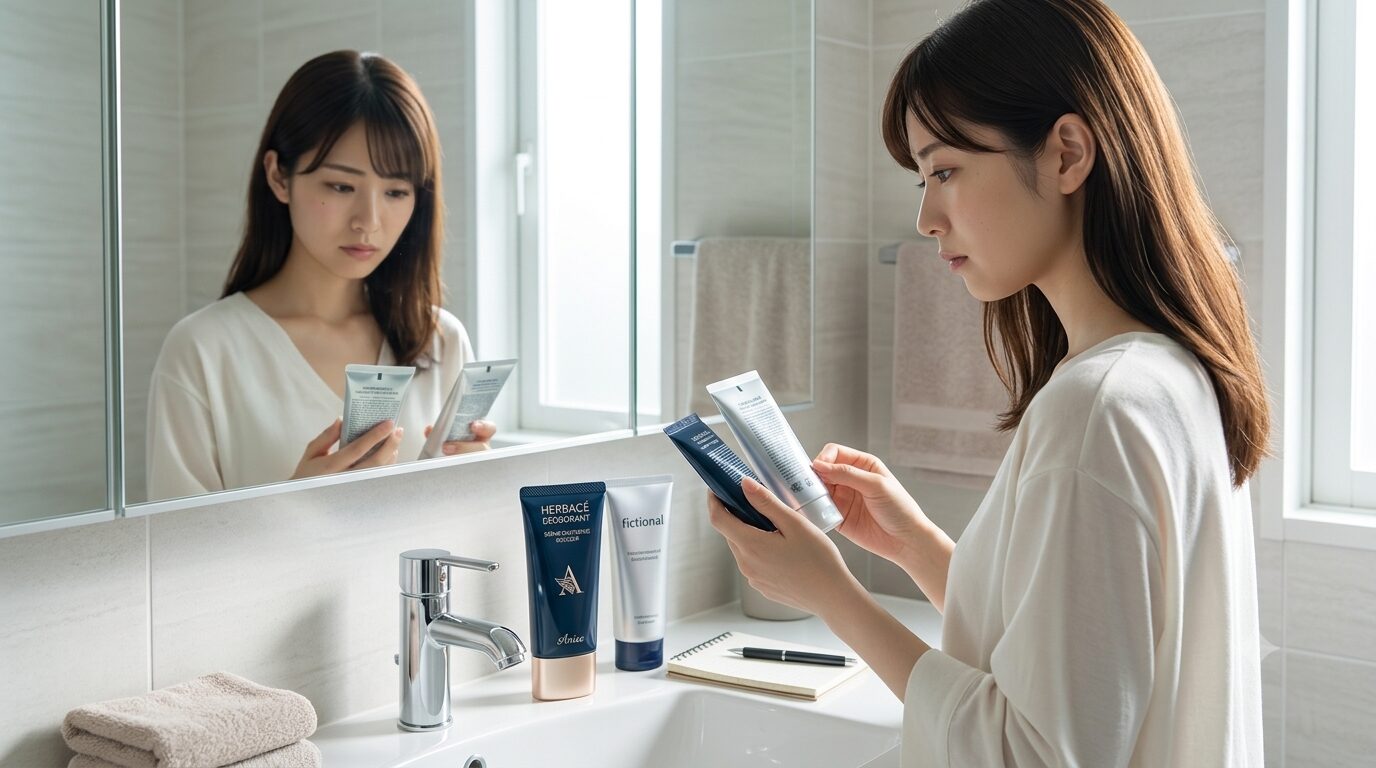 成分表を真剣に見比べる敏感肌女性の洗面所シーン