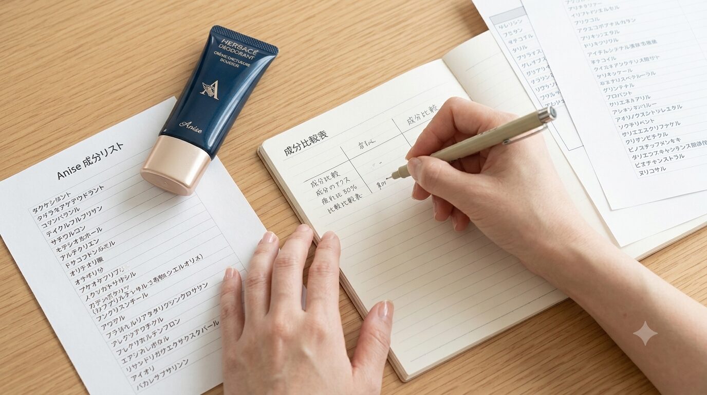 無香料デオドラントの成分を比較表にまとめる女性の手元