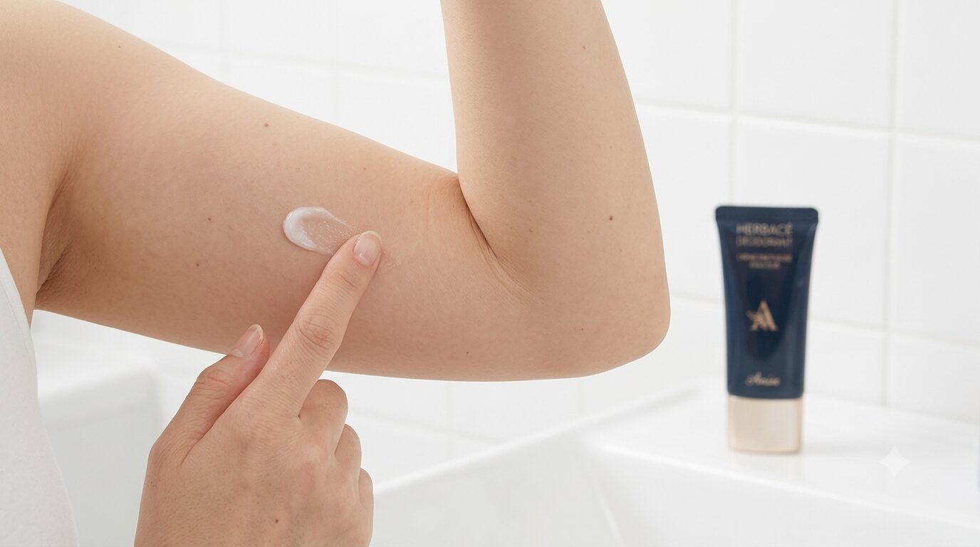 腕の内側でパッチテストを行う敏感肌ケアの場面