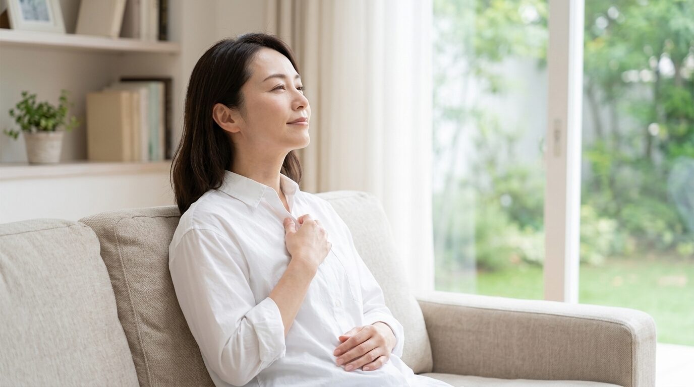 無香料ケアを終え穏やかに過ごす朝の女性