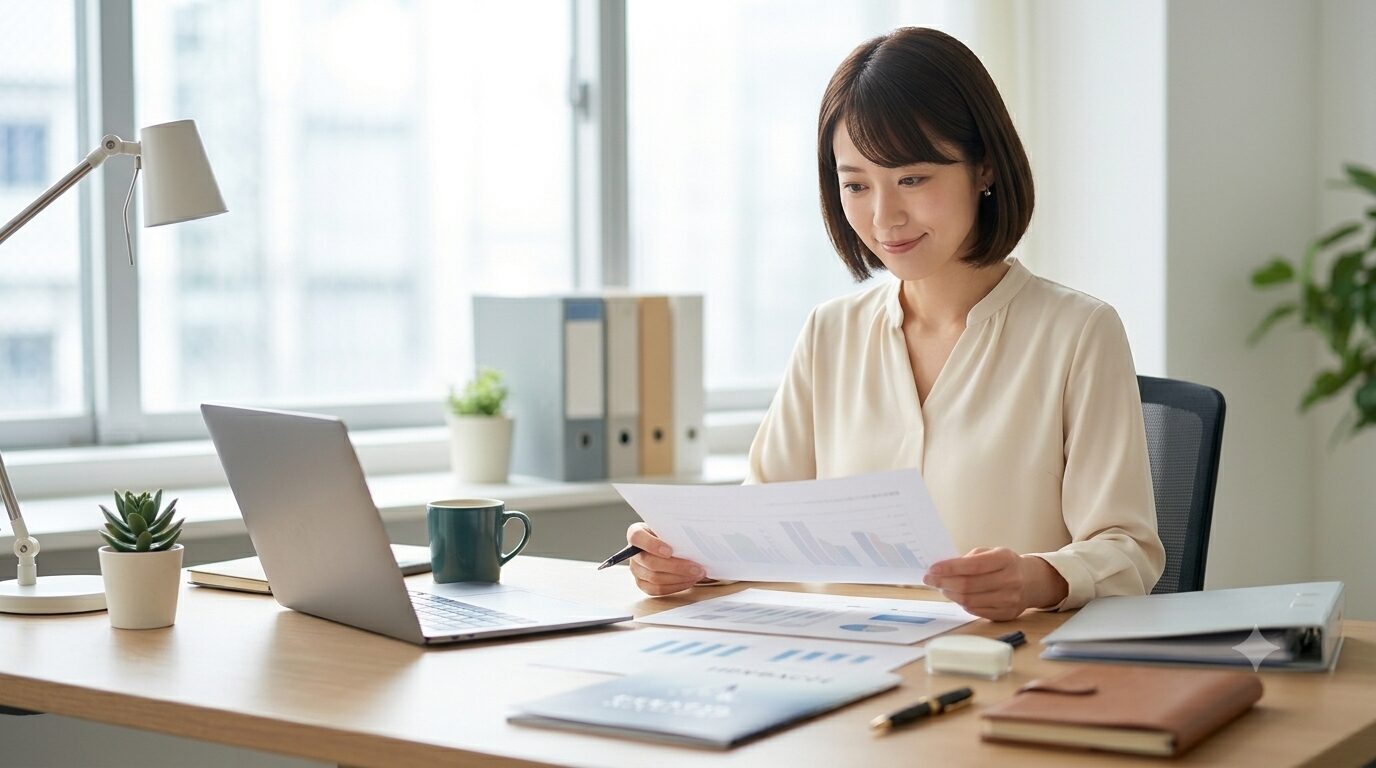 オフィスで集中して仕事に取り組む女性の様子