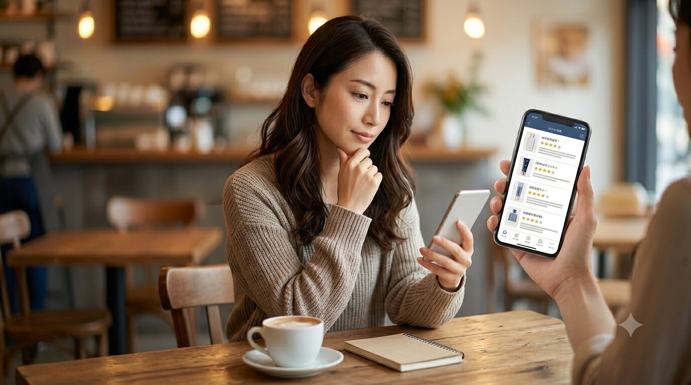 カフェでスマホ片手に口コミを比較する女性