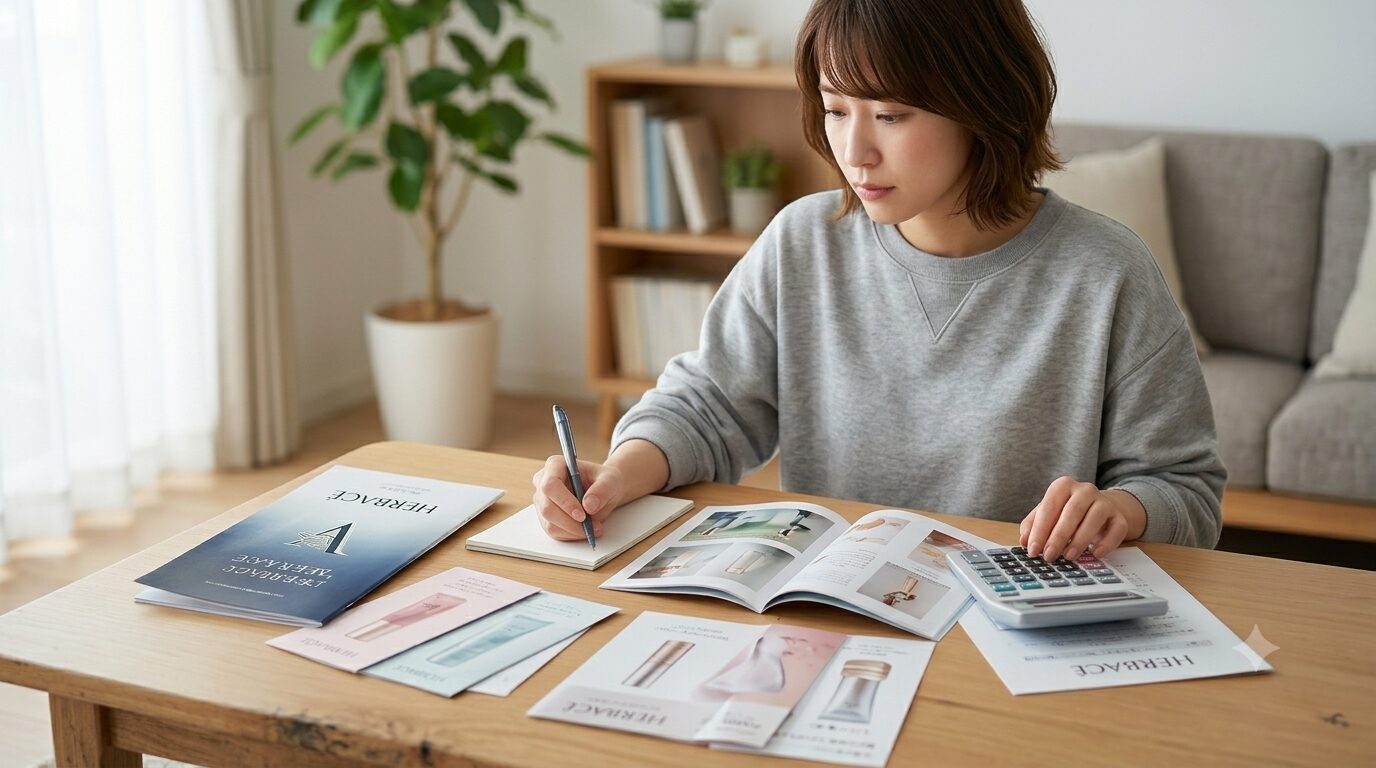 テーブルで価格を比較検討する落ち着いた女性