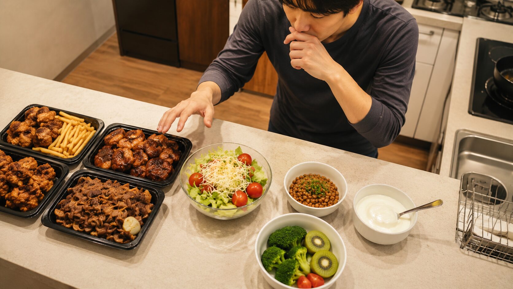 体臭を気にする30代男性が食卓で食べ物の選択に迷う様子