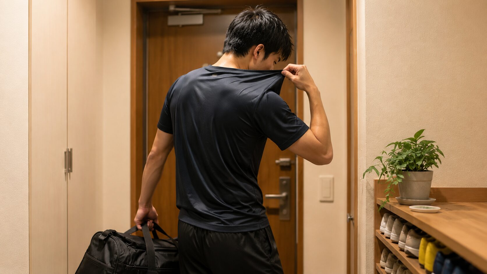 ジム帰りに自分の体臭が気になる20代男性の後ろ姿