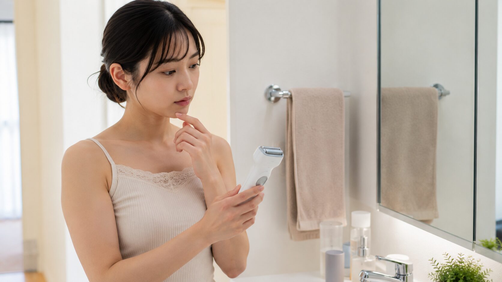 泊まり前に肌をチェックしてムダ毛の不安が募る女性
