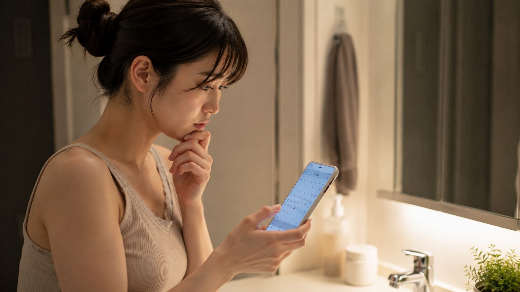 デートまで時間がない中でスマホのカレンダーを見つめ焦る女性