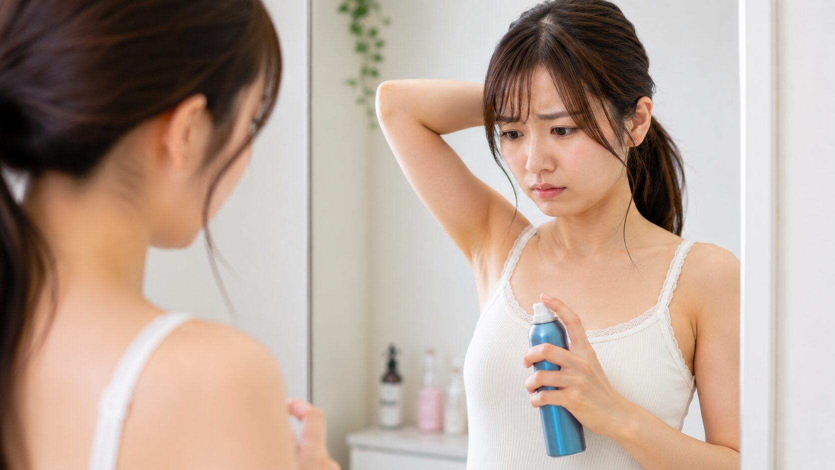 市販デオドラントで匂いが消えず鏡の前で困る20代女性