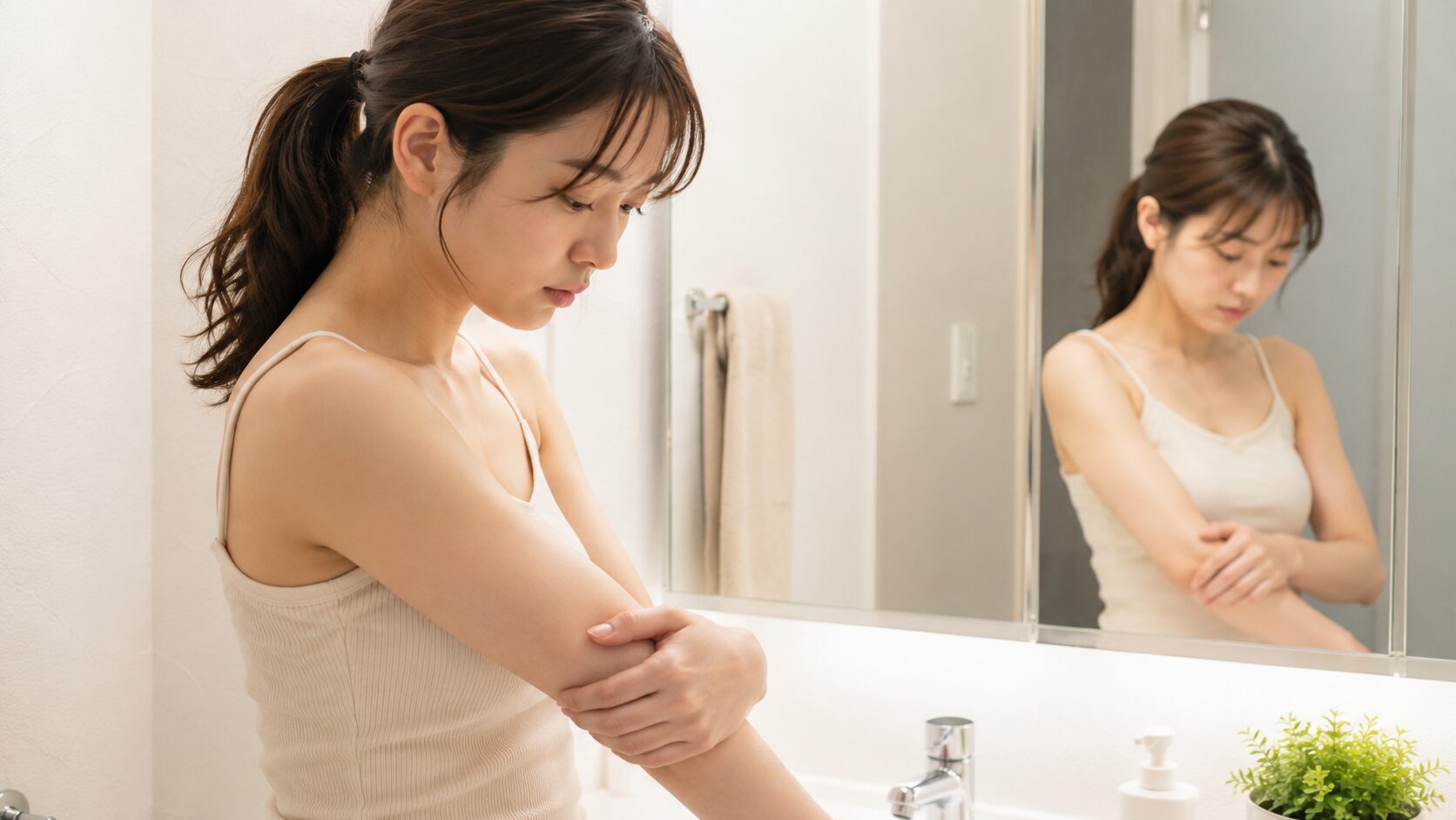 彼氏に脱毛を言われた夜、鏡の前で腕を見つめる20代女性