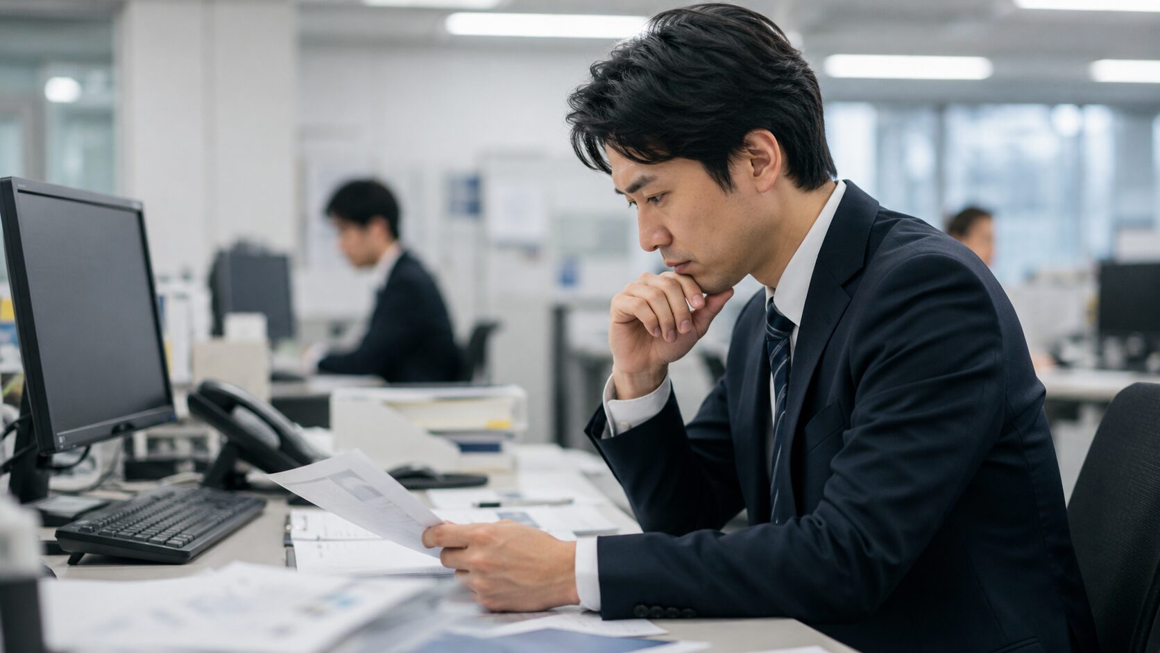 仕事中に足元の臭いを気にして眉をひそめる30代男性