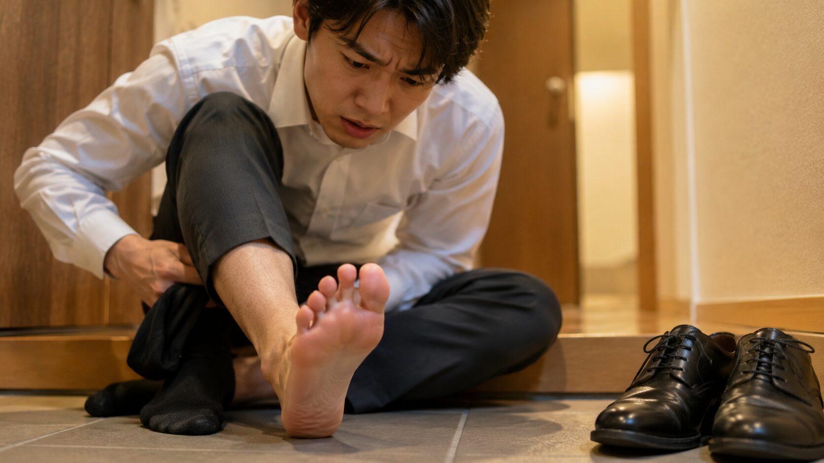 帰宅直後に靴下を脱ぎ足の指の間の白いふやけと臭いに気づく男性
