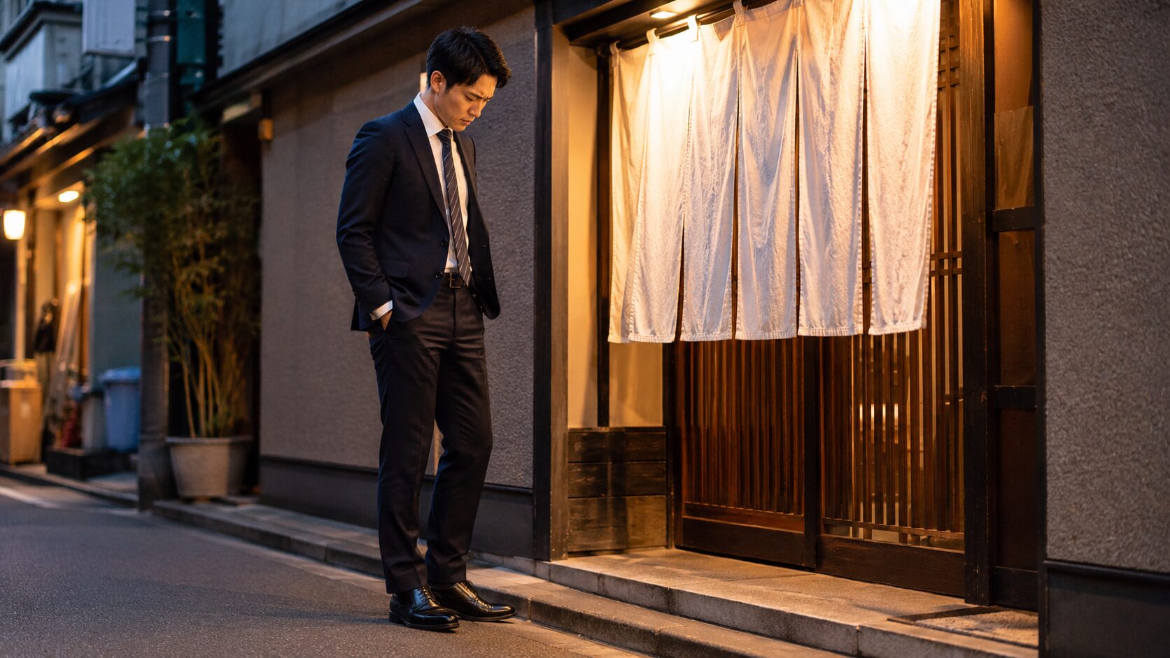 居酒屋前で革靴を見下ろし足臭を不安に思う男性