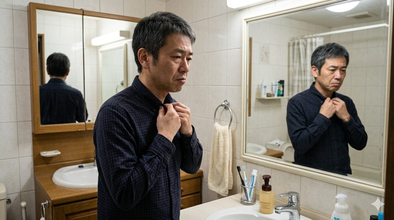 加齢臭の指摘に落ち込み鏡の前で襟元を確認する40代男性