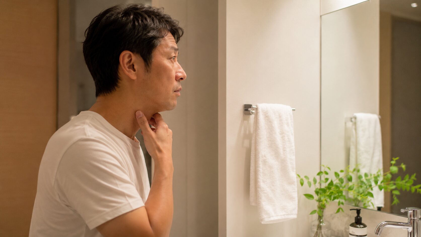 洗面所で首元のニオイを確かめる40代男性の横顔と清潔な洗面台
