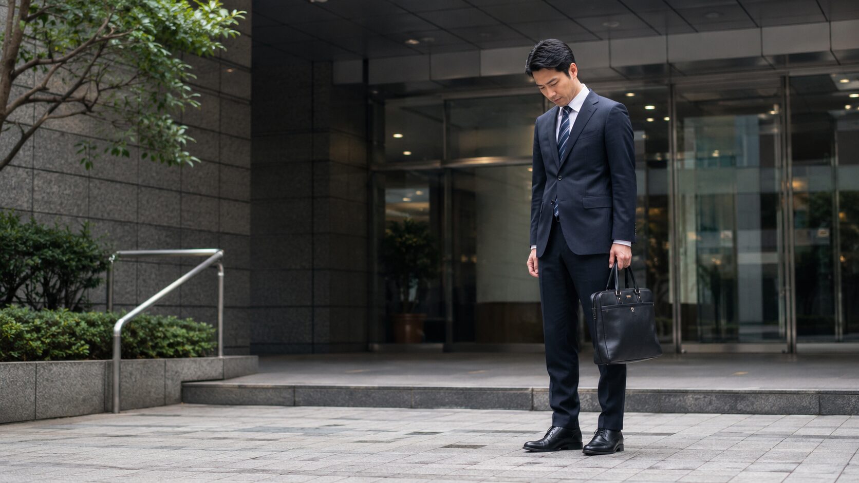 革靴を見下ろし足の臭いに焦る30代営業マン