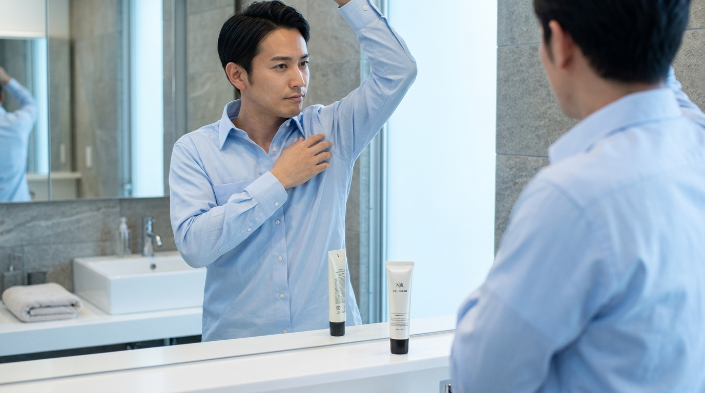 洗面台で脇のニオイを確認する30代男性の横顔と清潔な洗面空間
