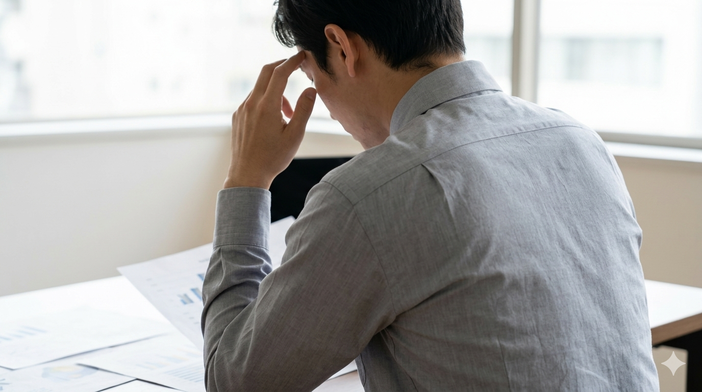 オフィスで書類仕事に集中する男性の後ろ姿と差し込む光