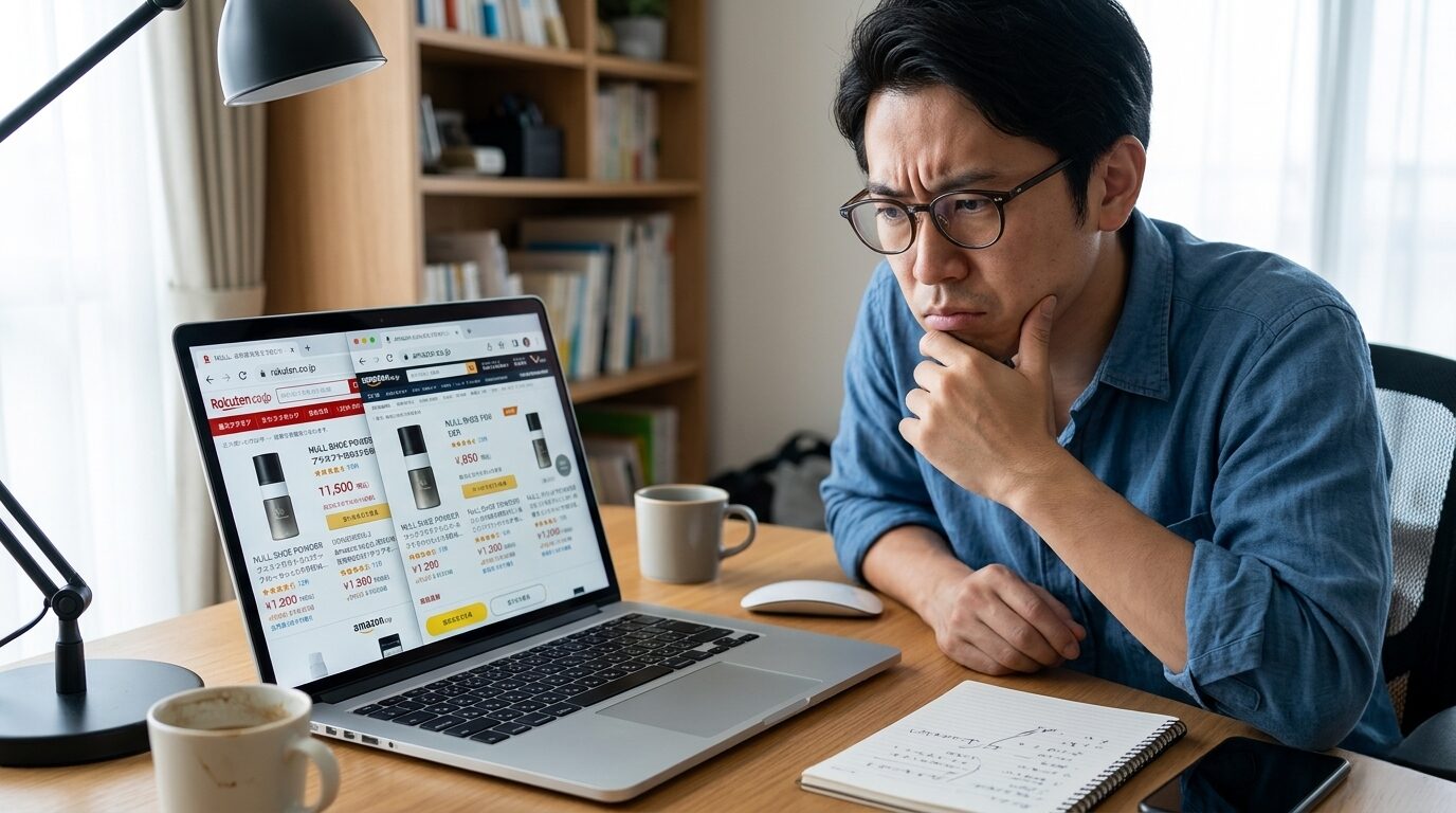 通販サイトを比較しながら最安値を慎重に検討する30代男性