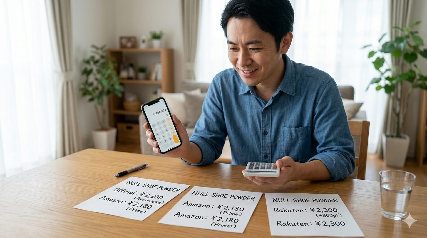 3つの販売店の価格を見比べ最適ルートを見極める男性