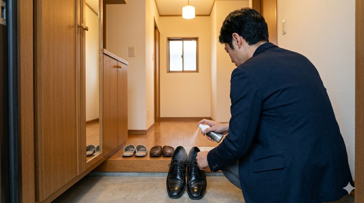 帰宅直後に革靴へケアアイテムを使う男性の後ろ姿