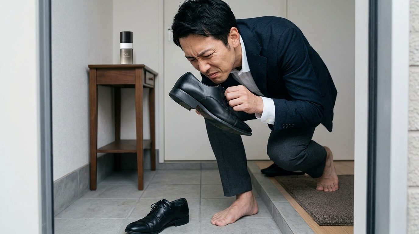 帰宅直後に革靴の匂いを気にして眉をひそめる男性の様子