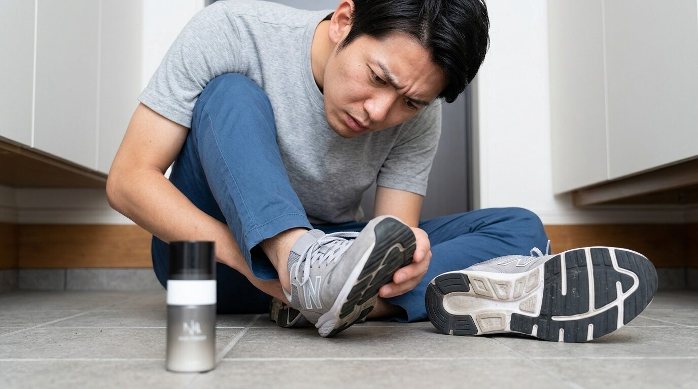 スニーカーを傾けて中を覗き込み困った表情の男性