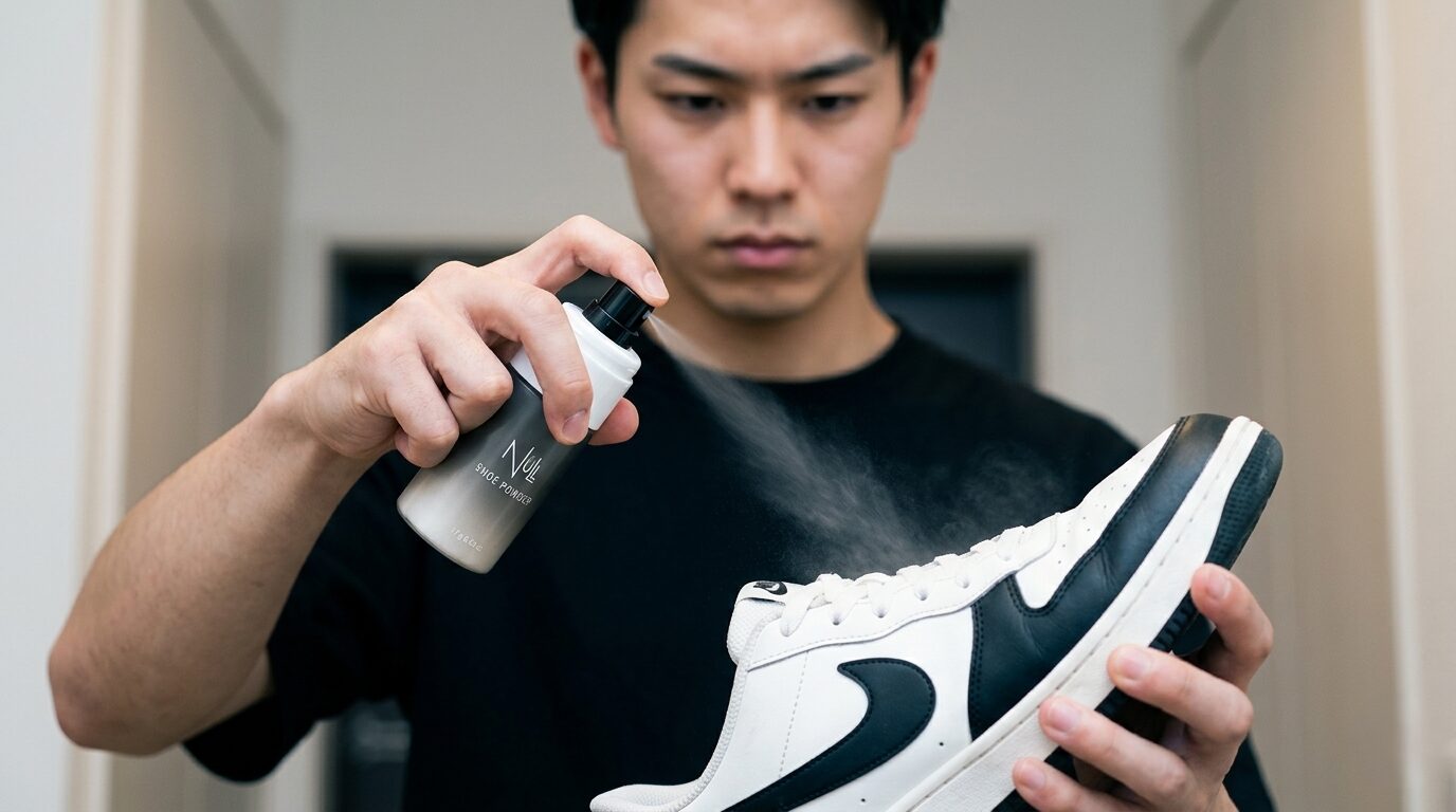 靴の奥にノズルを向けて正しく噴霧する男性の手元