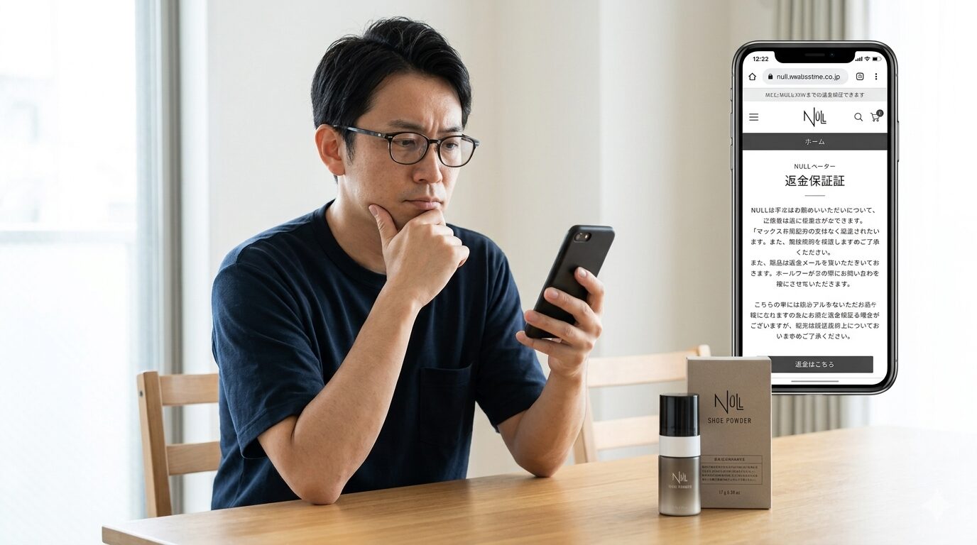 マホで返金保証ページを確認し考え込む男性