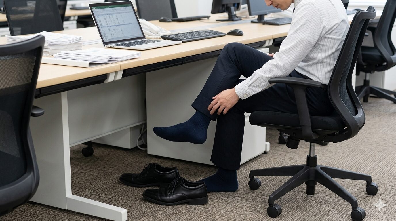 フィスで靴の蒸れを気にする40代ビジネスマン