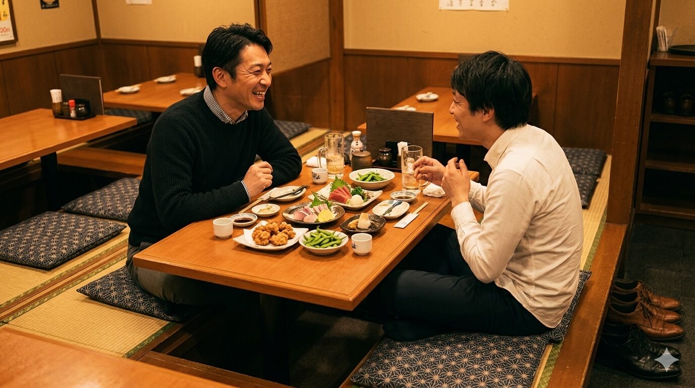 座敷の居酒屋で笑顔で靴を脱ぐ40代男性と友人