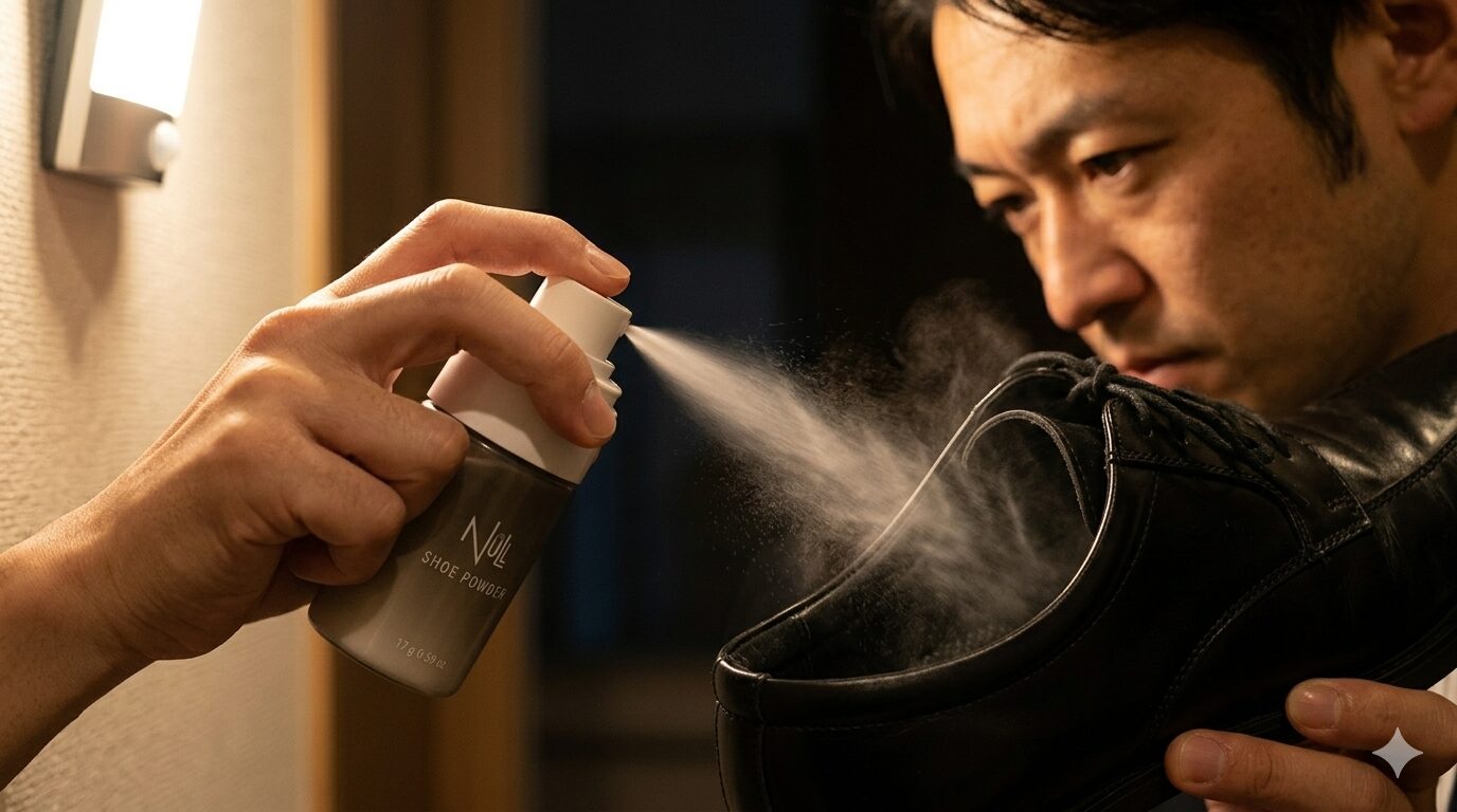 革靴にミストを噴霧する男性の手元クローズアップ
