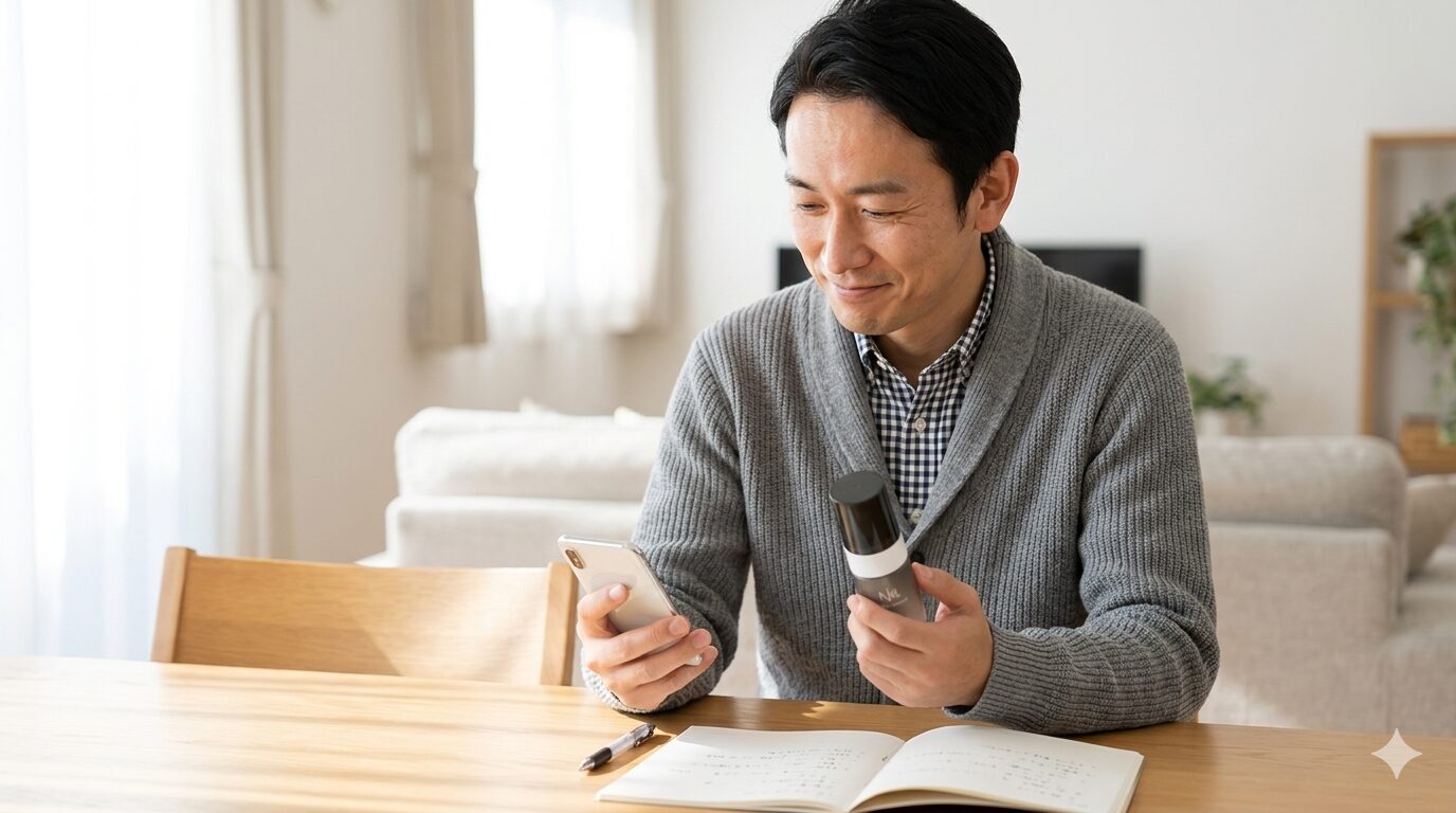 スマホで返金保証を確認し納得する40代男性