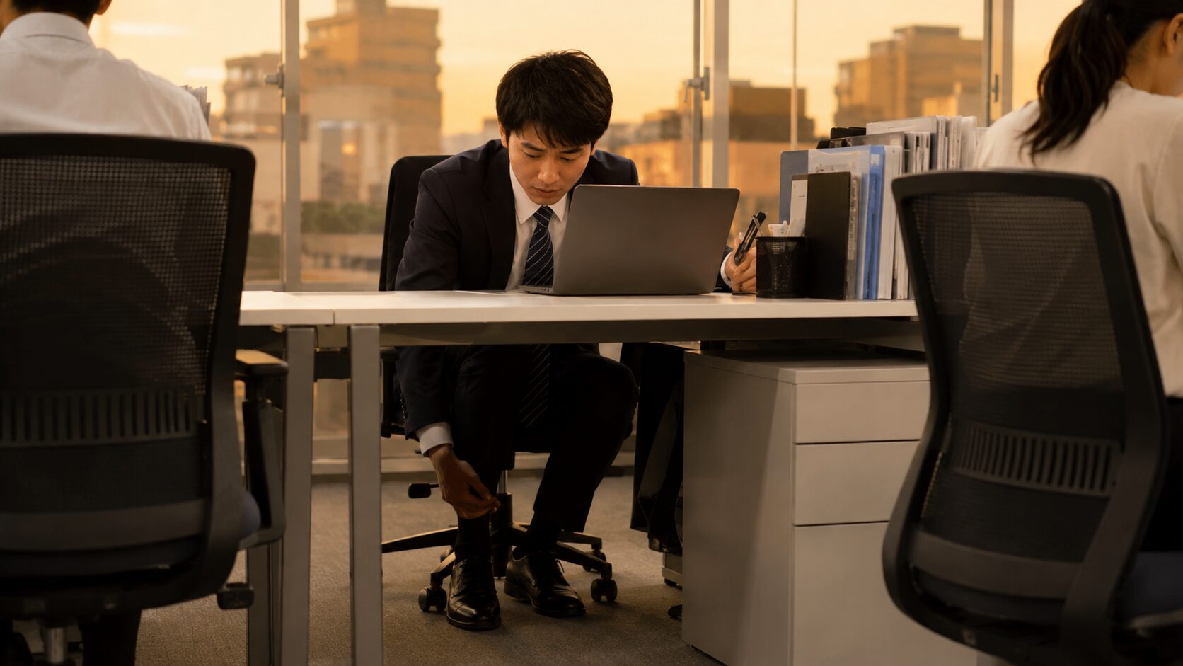 夕方のオフィスで足元を気にする20代男性会社員のデスク風景