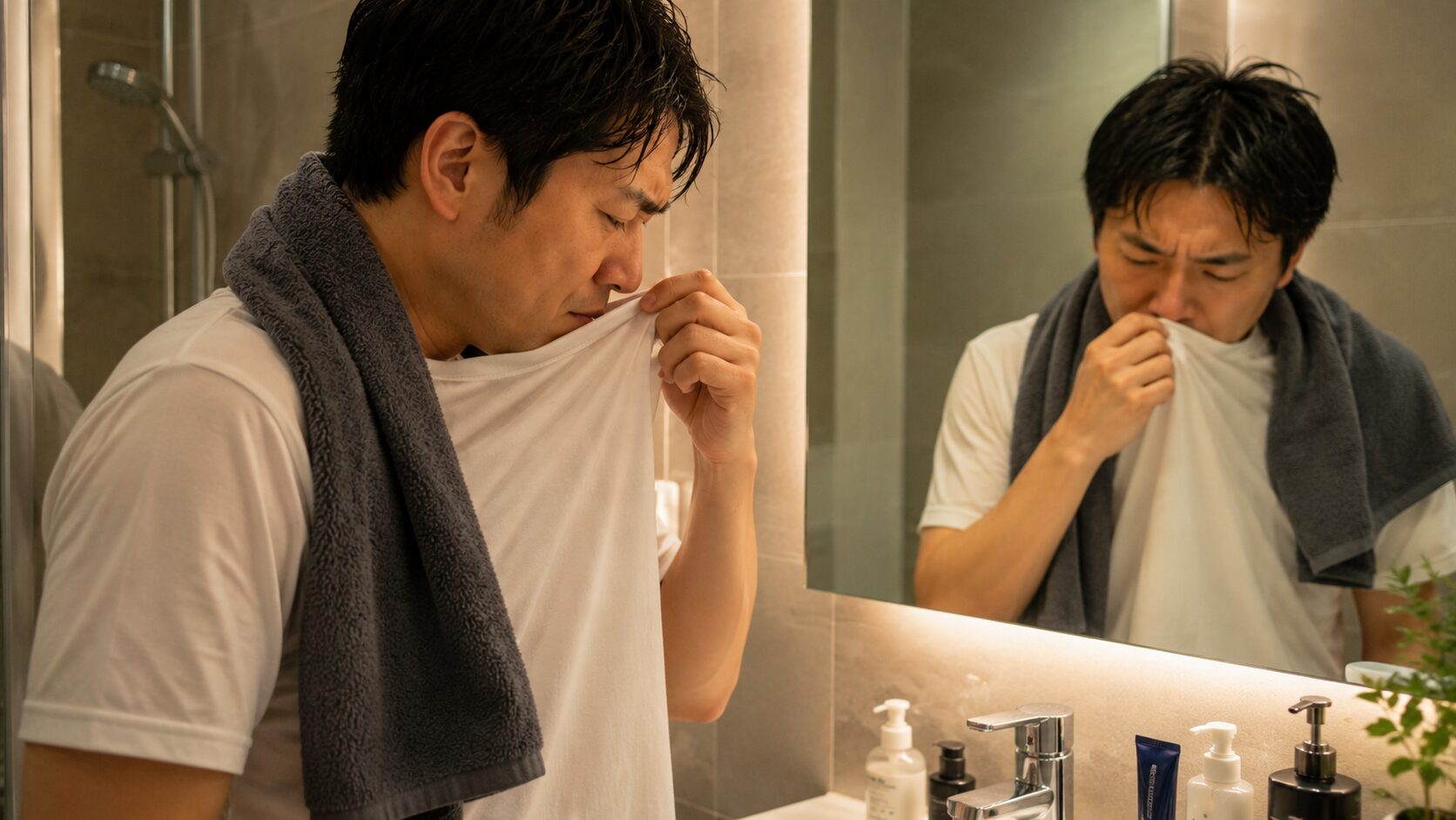 シャワー後に自分の体臭を確認して表情を曇らせる30代男性