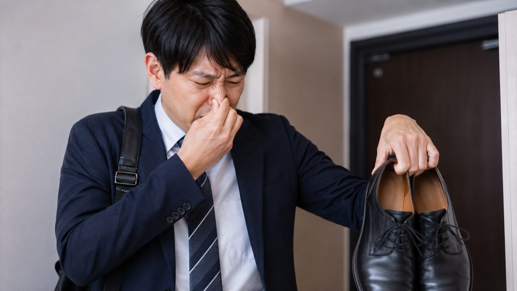 帰宅後に靴下の臭いに気づき顔をしかめる30代男性