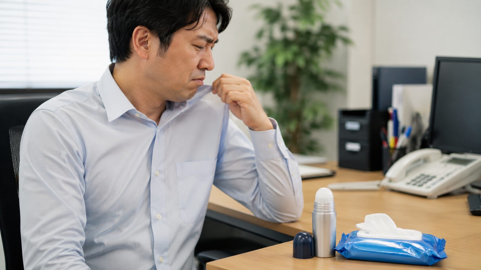 夏の汗臭に悩む40代男性がオフィスで対策グッズを手に取る様子