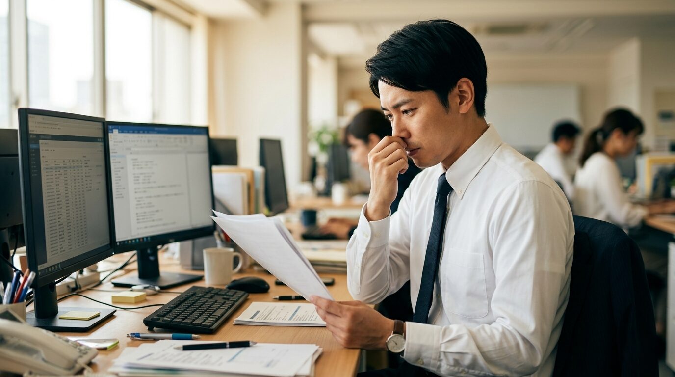 職場で汗の臭いが気になり脇を気にする30代男性会社員