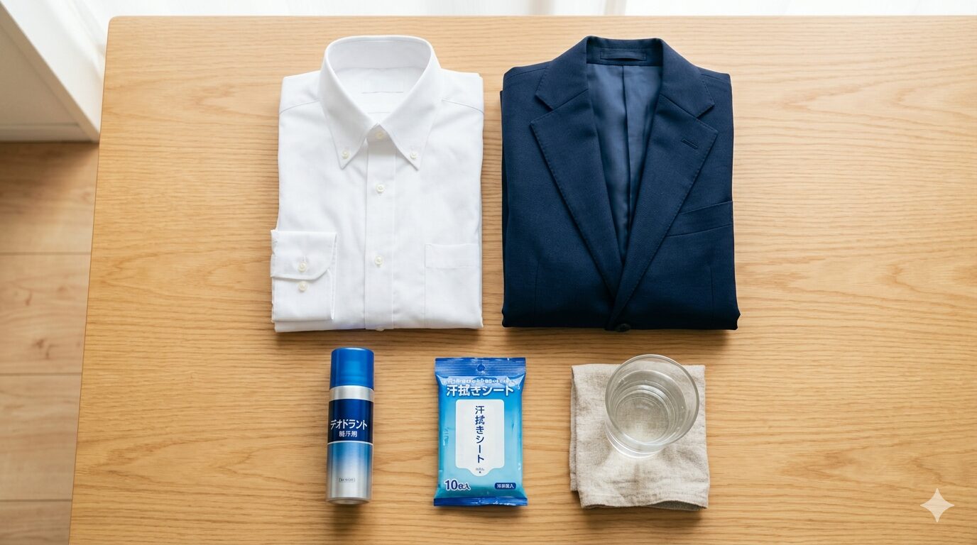 ワイシャツとスーツの横に並ぶ制汗剤と汗対策アイテム