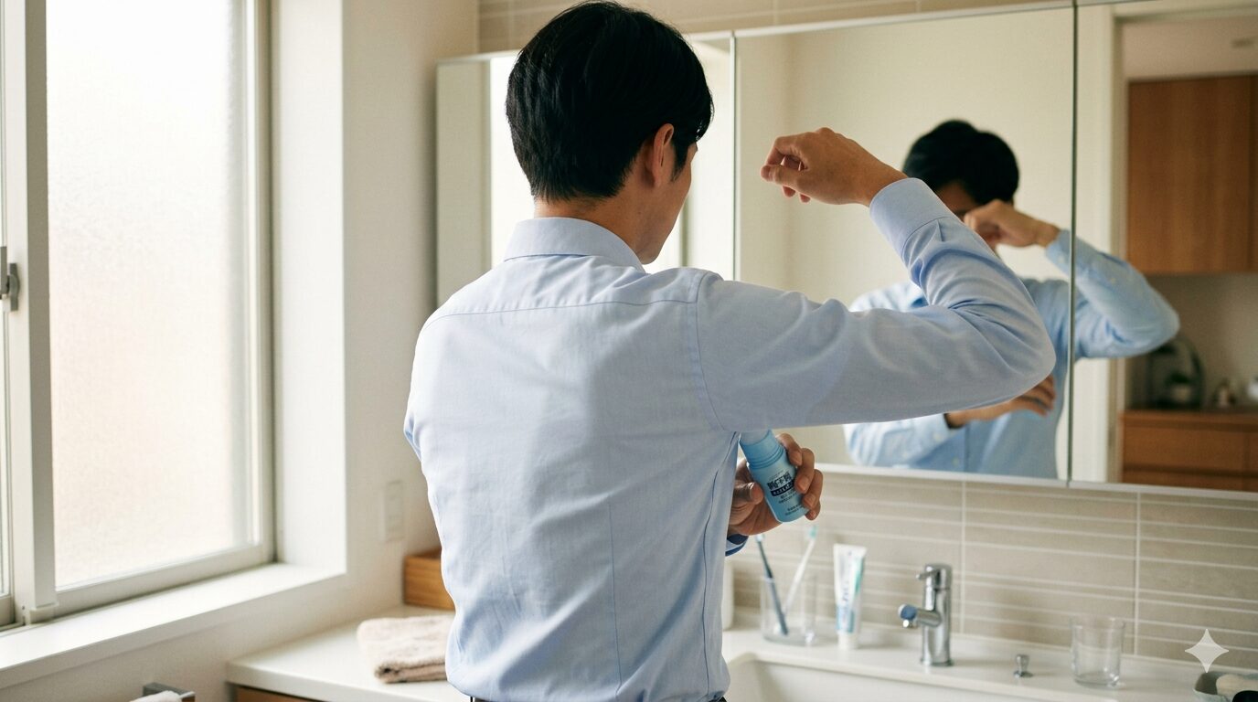 洗面台で制汗剤を手に身支度する男性の後ろ姿