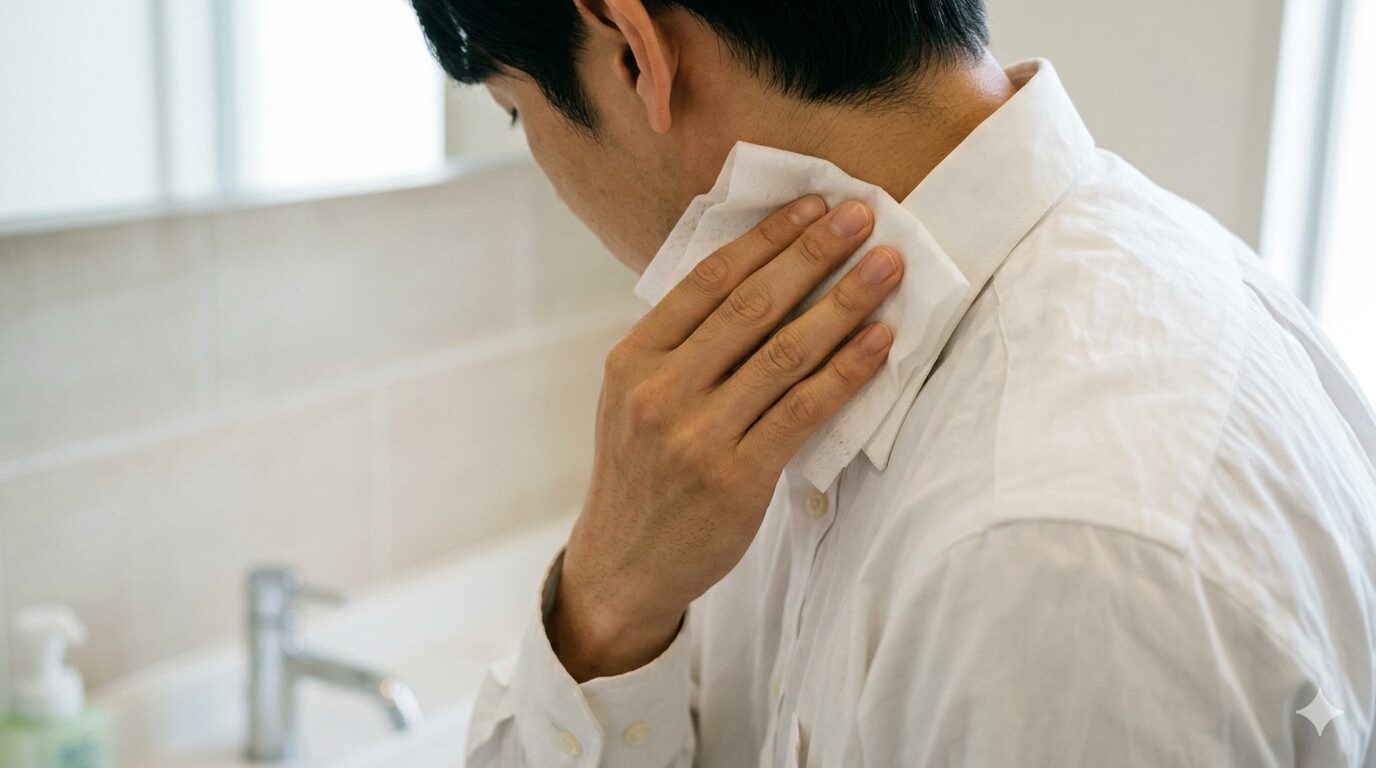 オフィスで汗拭きシートを使い首筋をリセットする男性の手元