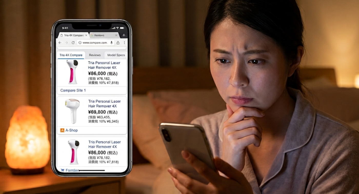 トリア4Xの最安値と購入先をスマホで比較する20代女性